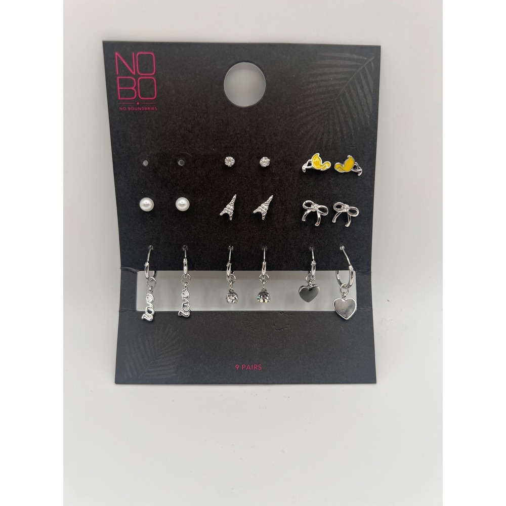 No Boundaries 9 Pair Earring Set Silver Tone Studs Hoops Hearts Bows Ducks NEW